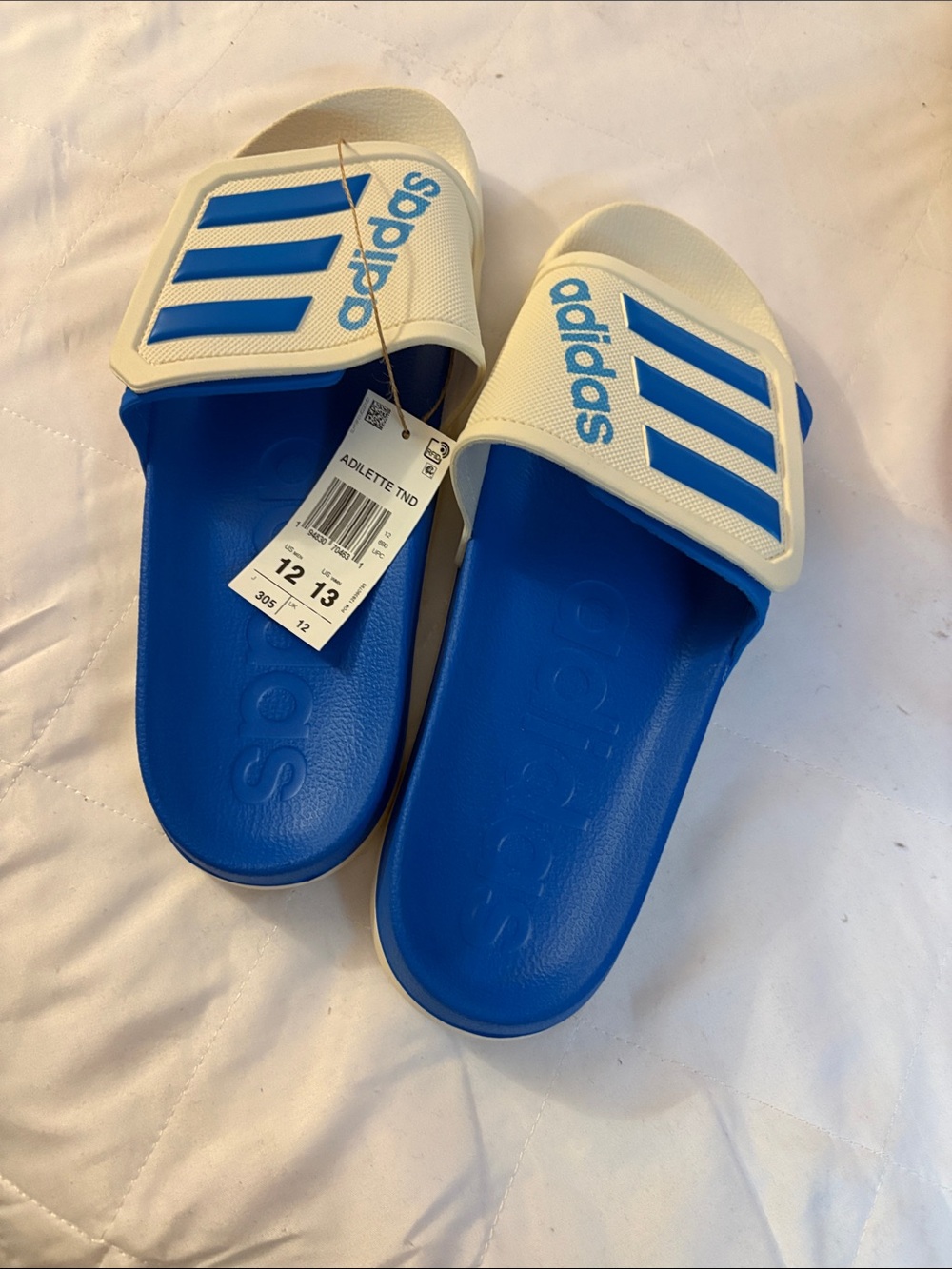 adidas Blue and White Slide Sandals with Logo brand new men sz 12 woman sz 13.